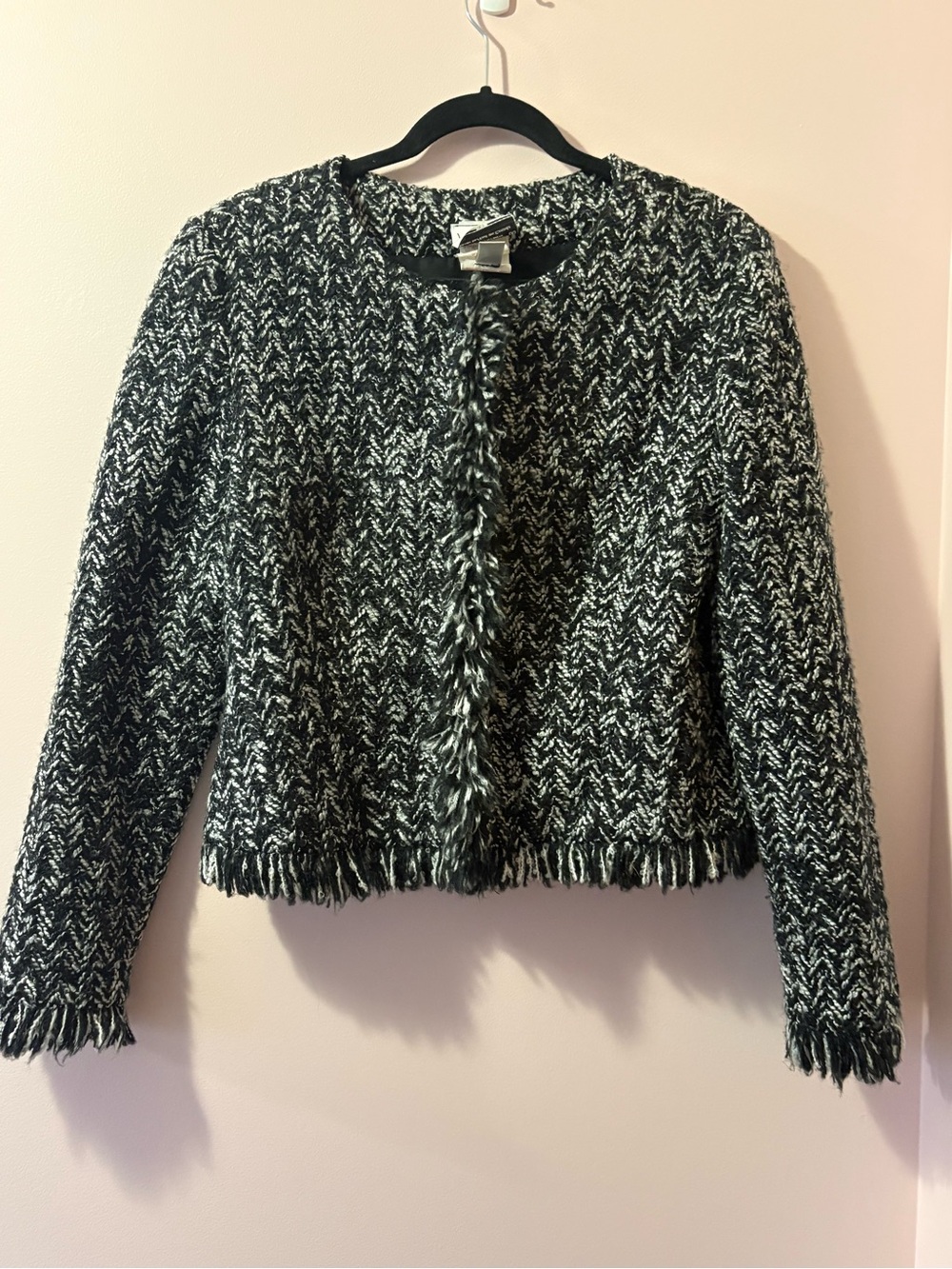 Black & White Tweed Fringe Cropped Jacket